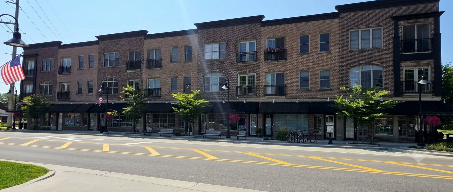 The brick storefronts and residences of Main Street Crossing in downtown Brighton